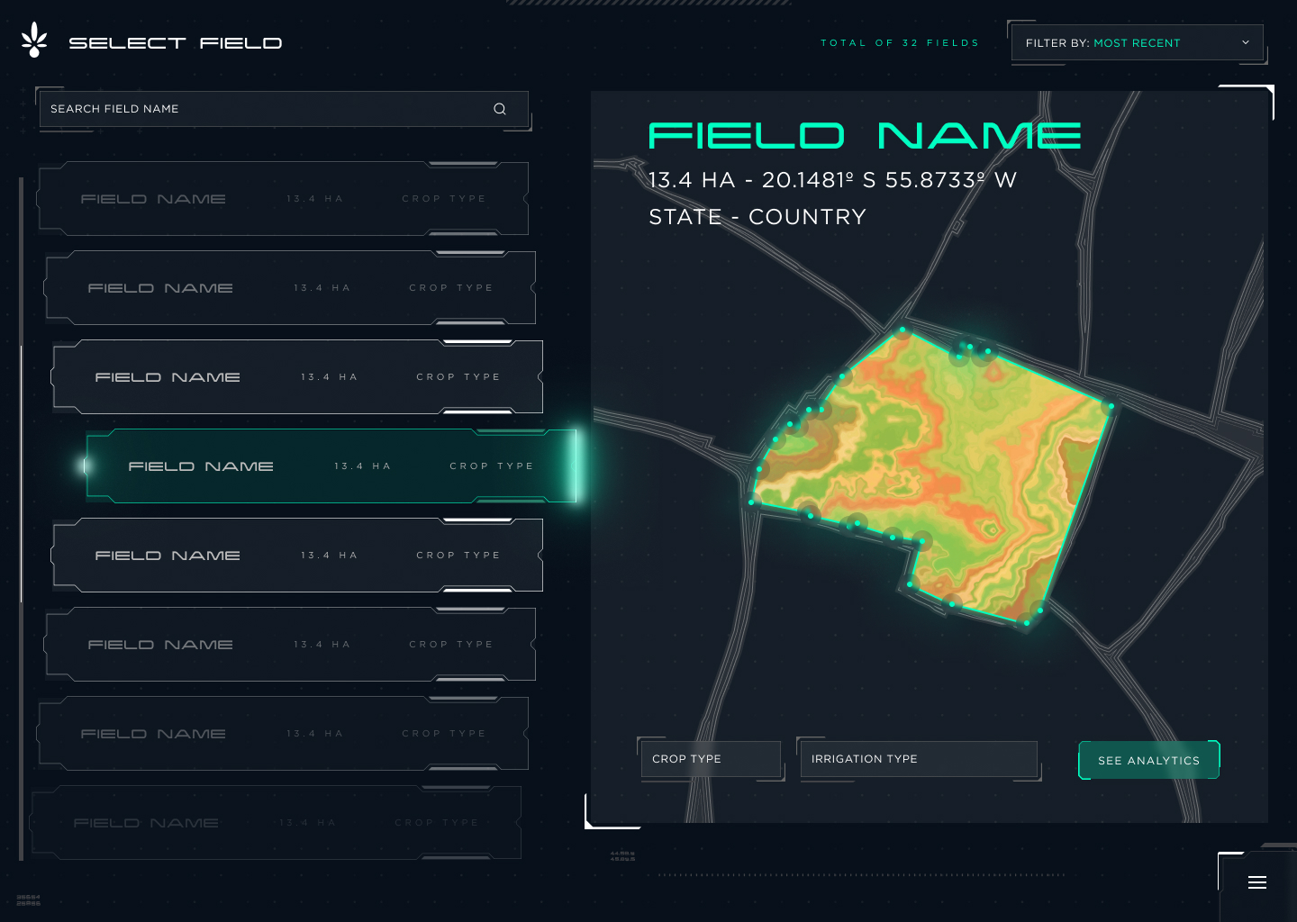 Field selection with satellite heat map overlay
